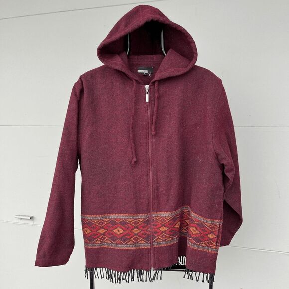 CECIL Burgundy Hooded Fringe Jacket Southwestern Geometric Boho M - Picture 10 of 10